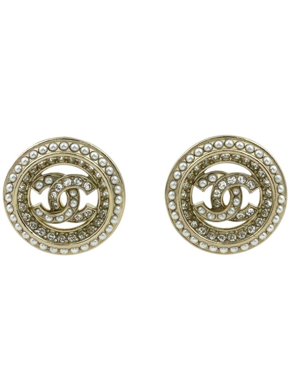 Chanel Earrings CC Logo Faux Pearl Rhinestone Gold